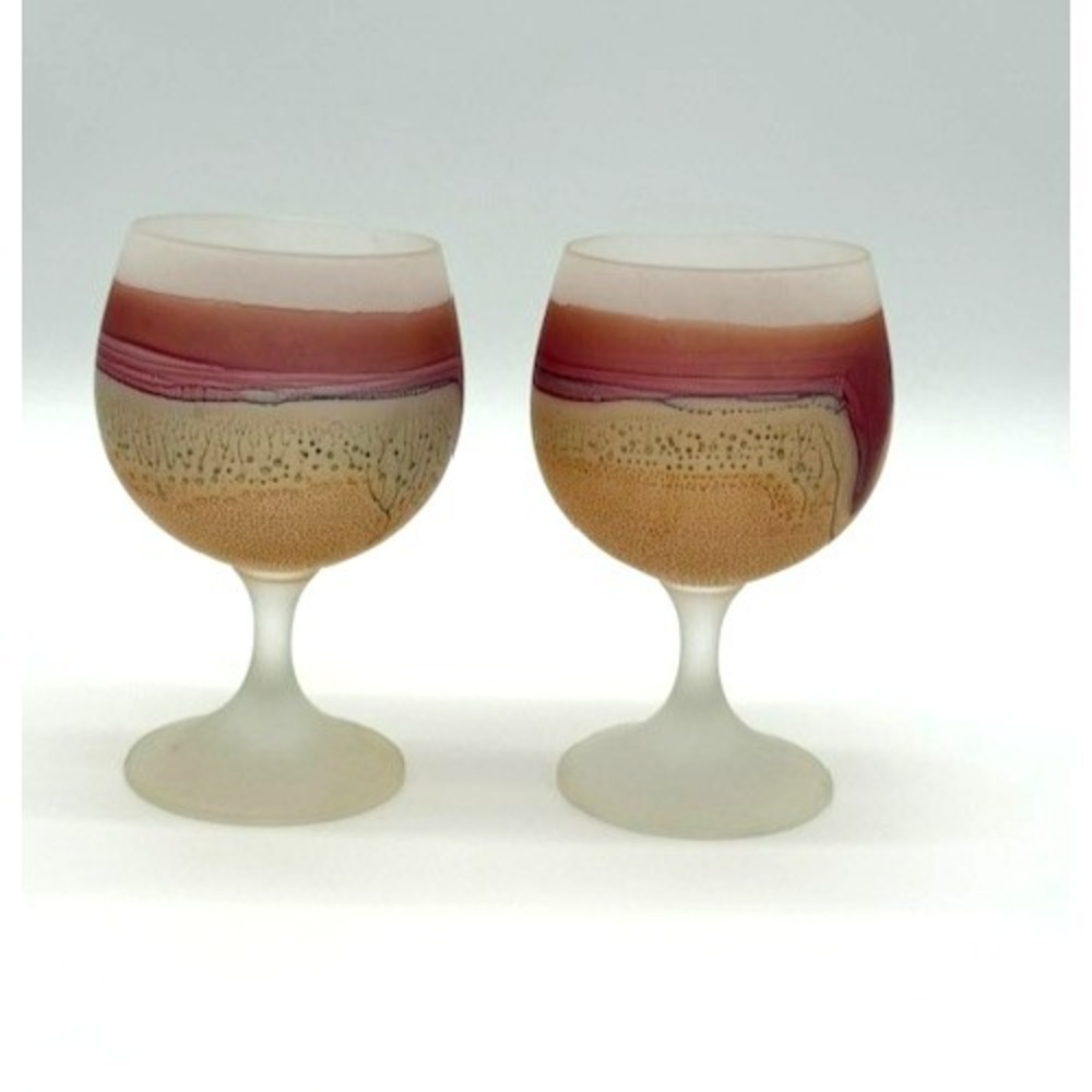 Vintage Hand Blown Art Glass Goblets Pink Ombre Frosted Stem Bubble Pair